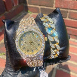 Hip Hop Iced Blinged Out Gold Plated Luxury Fashion Mens Watch & Bracelet Set